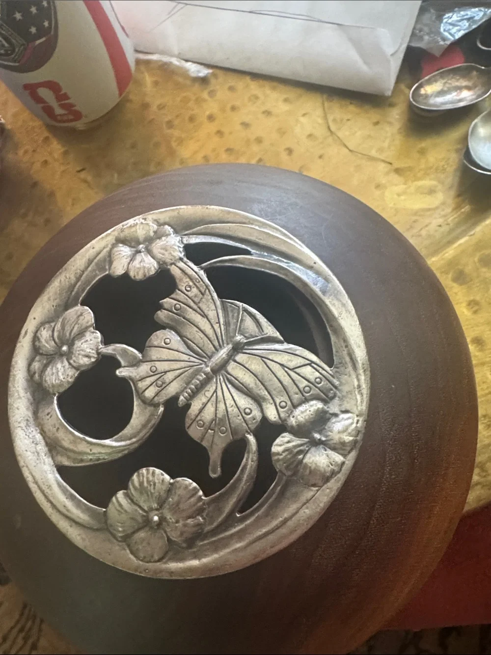 Artisan Brown Wooden Potpourri Vase with Pewter Floral Lid Accent